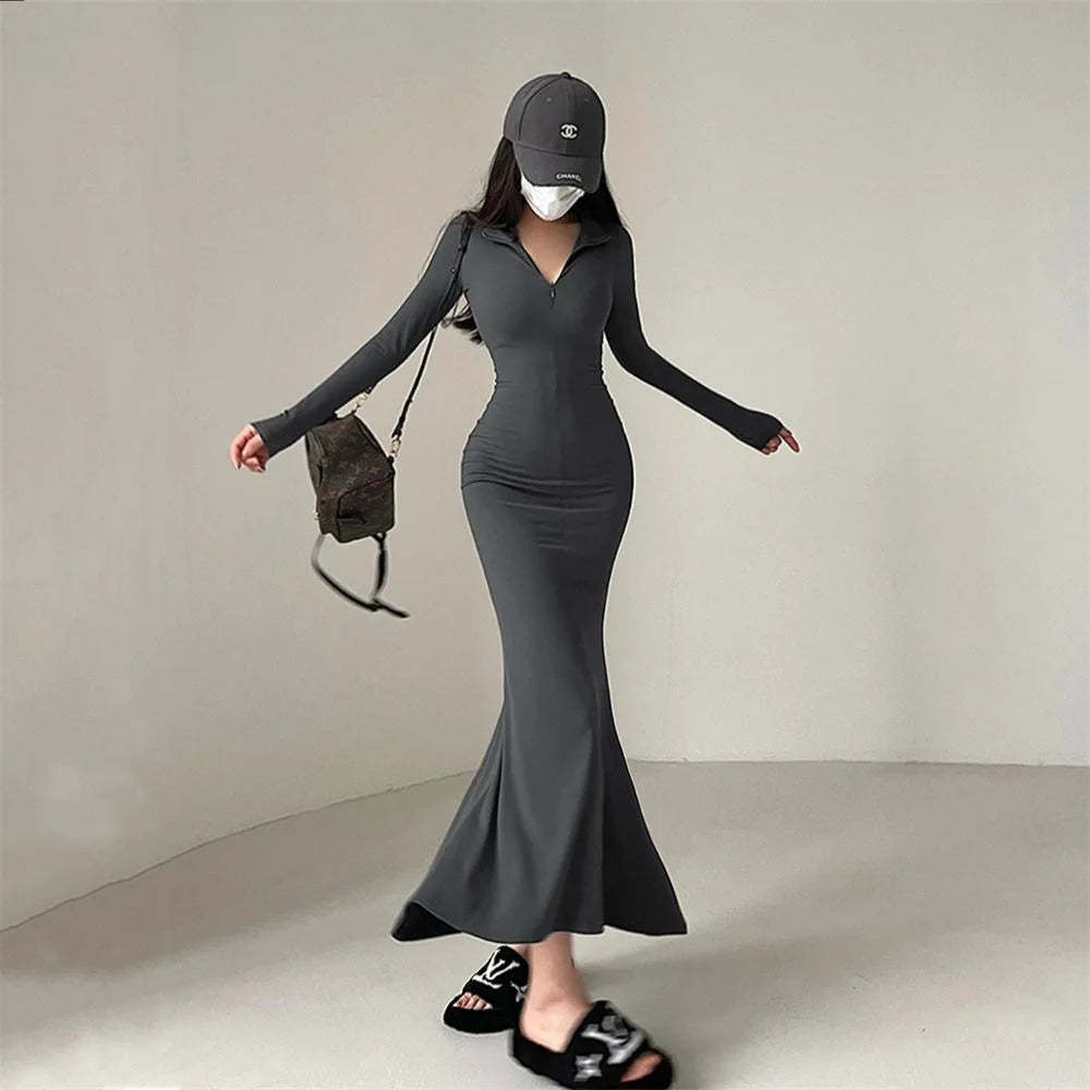 Women Spring Autumn Style Long Sleeve Zipper Collar Mermaid Sexy Dress Vestidos SS156