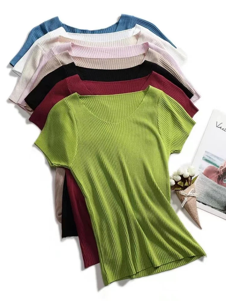 Pullover knitted Short Sleeve knitted Sweater Women Spring Summer Slim Basic Solid Casual Base Female knitting shirts Korea