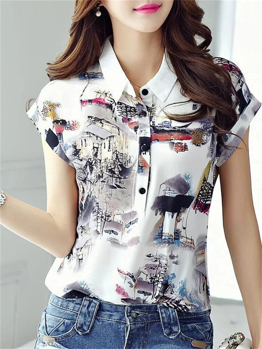 Women Spring Summer Style Blouses Shirt Lady Casual Short Sleeve Turn-down Collar Printed Casual Loose Tops