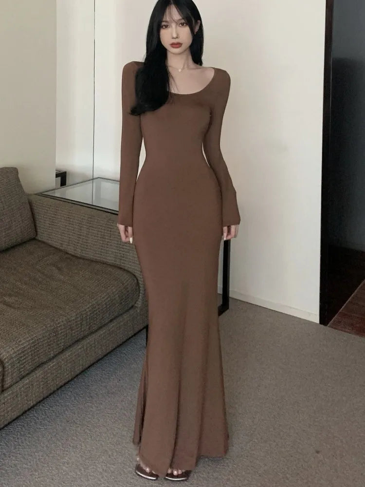 Women Spring Autumn Style Long Sleeve low cut Collar Mermaid Sexy Dress Vestidos SS037