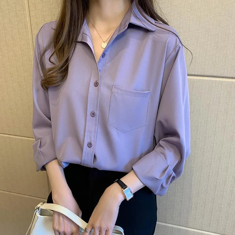 Women Spring Autumn Style Blouses Shirts Lady Casual Long Sleeve Turn-down Collar Solid Color Blusas Tops WY1034