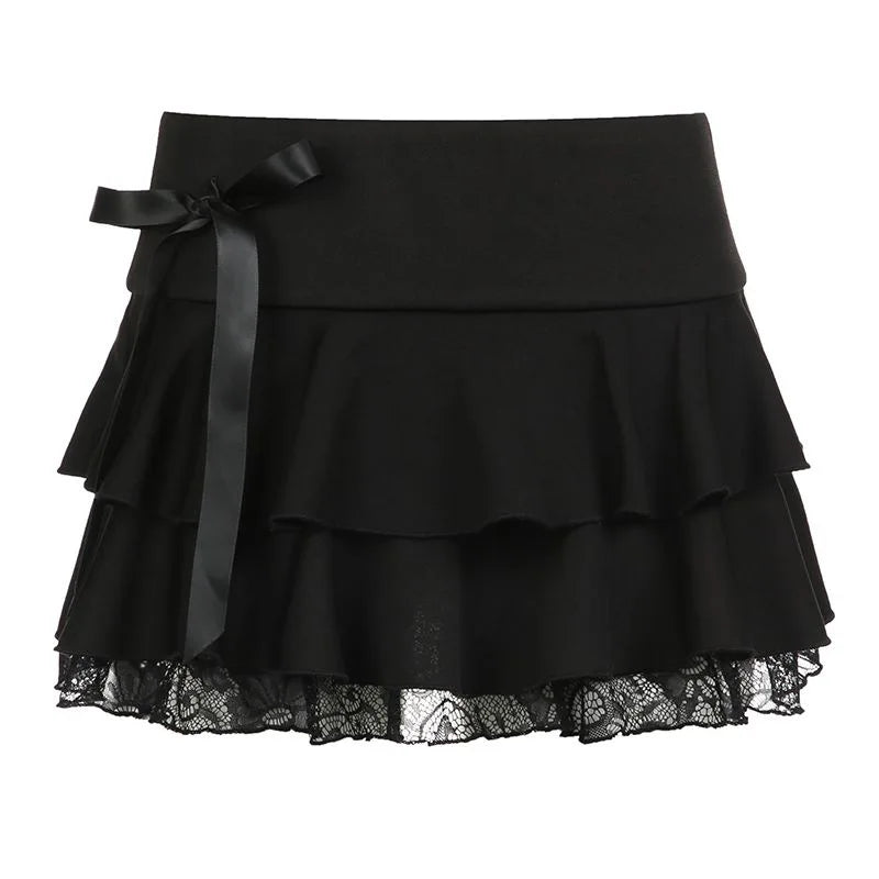 Goth Y2K Black Lace Trim Bow A Line Mini Skirt Women Korean Streetwear
