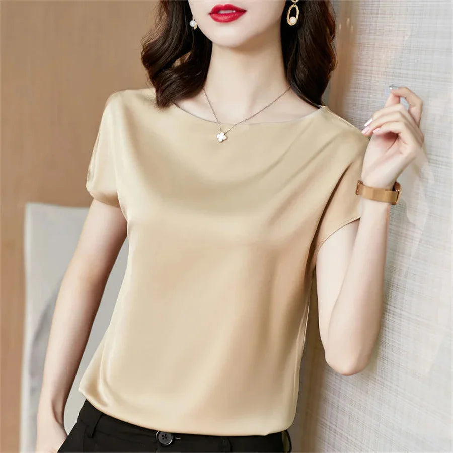 Women Summer Blouse Tops Short Sleeve O-Neck Blouses Satin Blouse Women Shirts Simple Solid Casual Loose Shirt Blusas