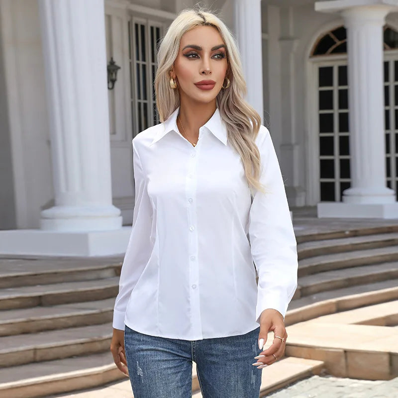Women Spring Autumn Style Blouses Shirts Lady Casual Long Sleeve Turn-down Collar Solid Color Blouse Tops