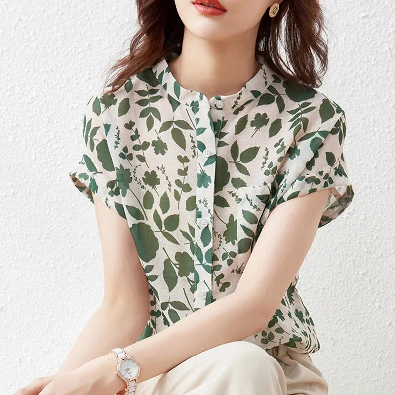 Women Summer Style Blouses Tops Lady Casual Short Sleeve Stand Collar Flower Printed Blusas Tops